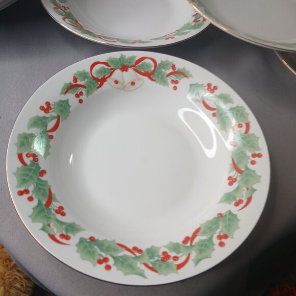 Sango NOEL 7 Rimmed 7 3/4" Soup Cereal Bowls Vintage Holly Bells Christmas 1990 - Picture 5 of 13